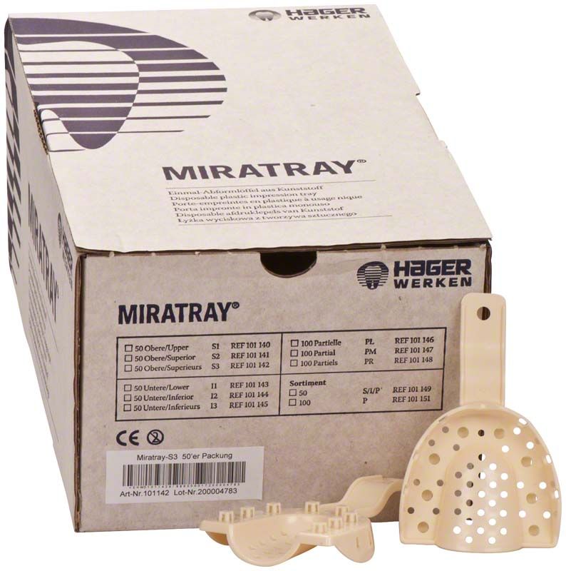 Einmal-Abformlöffel aus Kunststoff, beige, mit Verpackung von Miratray.