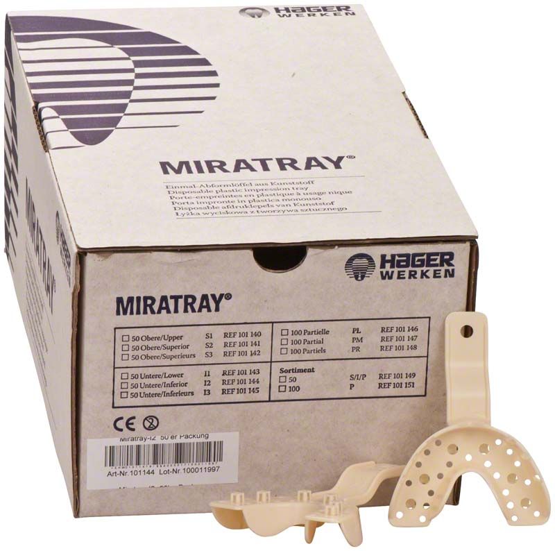 Hochwertige Einmal-Abformlöffel und Verpackung von Miratray® aus Kunststoff.