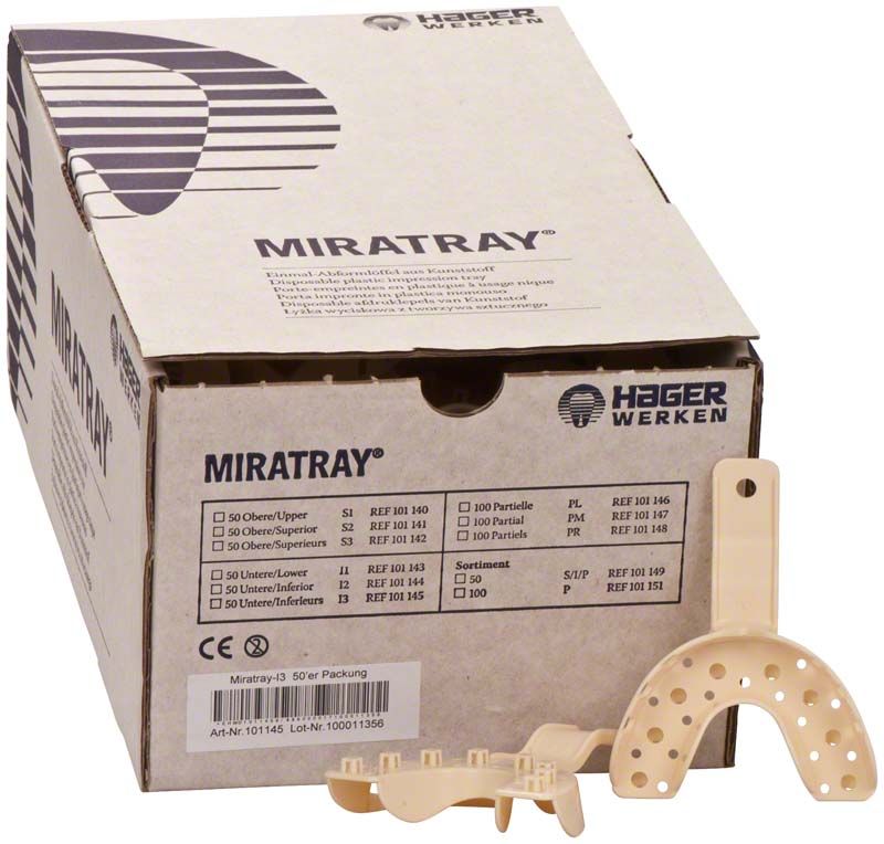 Hochwertige Einmal-Abformlöffel Miratray® 50er UK I3 large in Verpackung.