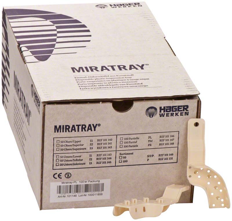 Partieller Einmal-Abformlöffel aus Kunststoff neben der Originalverpackung.