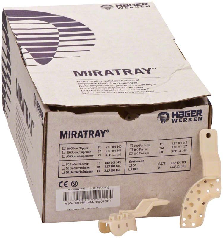 Miratray® Partiell 100er rechts PR, Kunststoff-Abformlöffel und Verpackung.