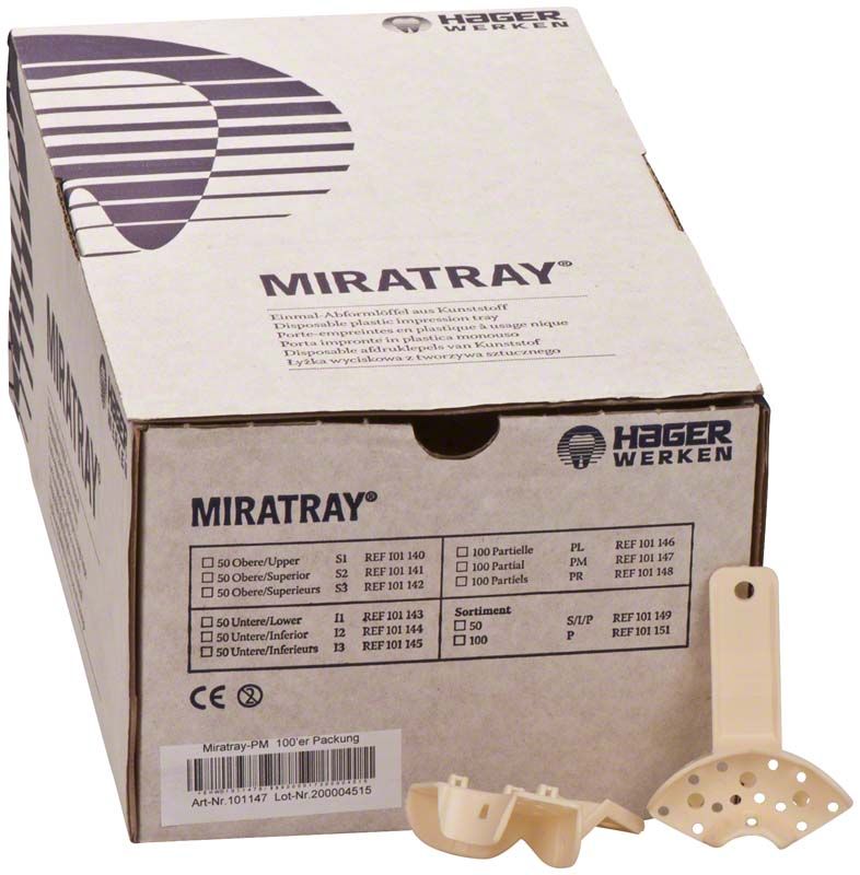 Miratray® Partiell 100er Mitte PM, weißer Kunststoff-Abformlöffel neben Verpackung.