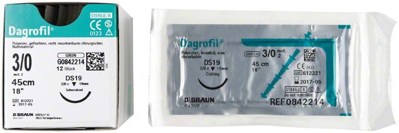 Dagrofil® 3/0 chirurgisches Nahtmaterial mit Verpackung und Produktinformationen.