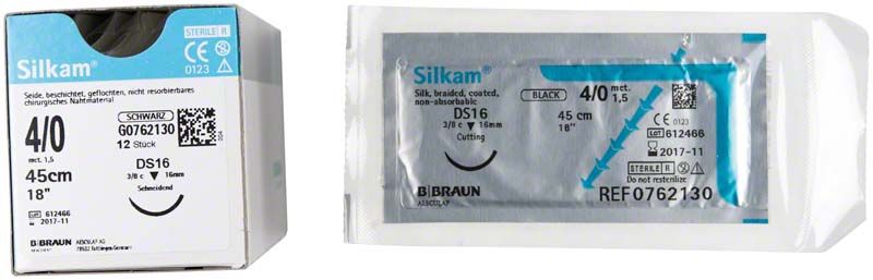 Verpackung von Silkam® 4/0 DS16 chirurgischem Nahtmaterial, 45cm, sterilisiert.