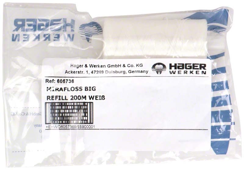 Mirafloss® Big Refill weiß, gewachst in transparenter Verpackung mit Hager & Werken Logo.