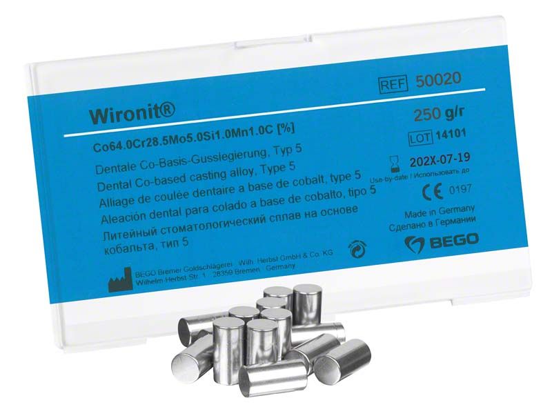 Wironit® 250g Dentale Co-Basis-Gusslegierungspackung mit Metallzylindern.