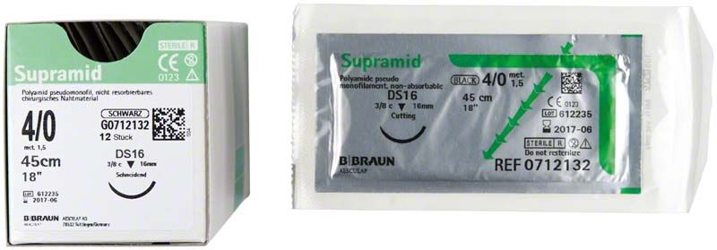 Supramid® 4/0 Nahtmaterial mit schneidender Nadel, sterile Verpackung.
