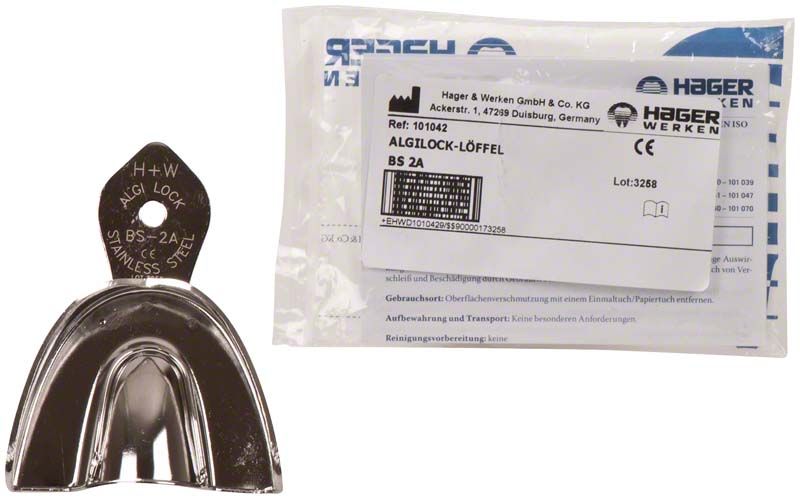 ALGILOCK®-LÖFFEL glatt OK BS 2A mit Verpackung im Hintergrund.