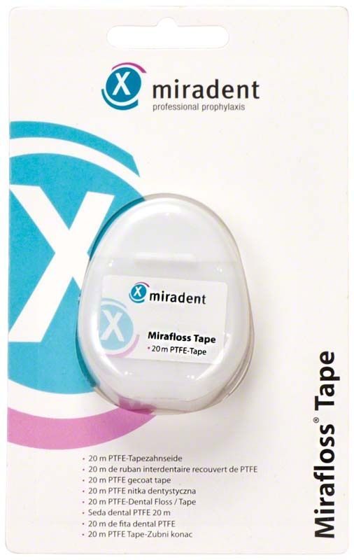 Mirafloss Tape Verpackung mit 20 m PTFE-Zahnseide auf weißem Hintergrund