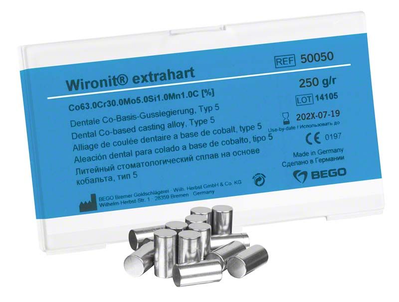 Wironit® extrahart 250g, Dentallegierungspackung mit Metallzylindern.