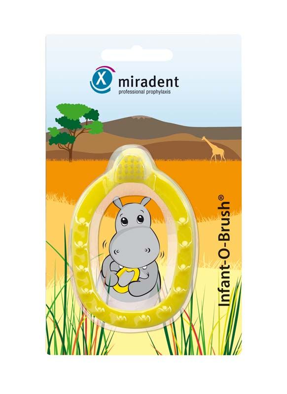 Gelbe Infant-O-Brush® Babyzahnbürste mit Beißring und Nilpferdmotiv auf Verpackung.
