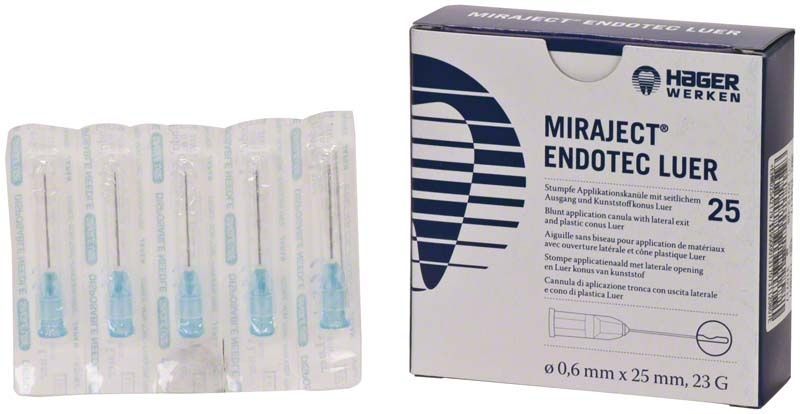 Miraject Endotec Luer 23G Applikationskanüle in Verpackung mit 25 Stück.