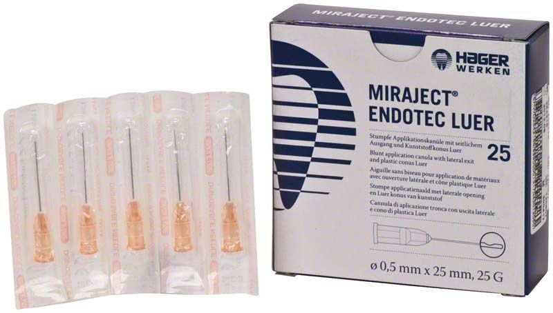Miraject Endotec Luer 25G Einweg-Applikationskanülen mit Verpackung.