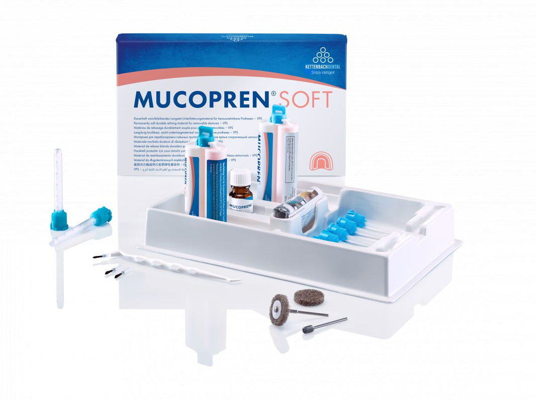 Mucopren Soft Komplett-Set mit Tuben, Zubehör und Verpackung.