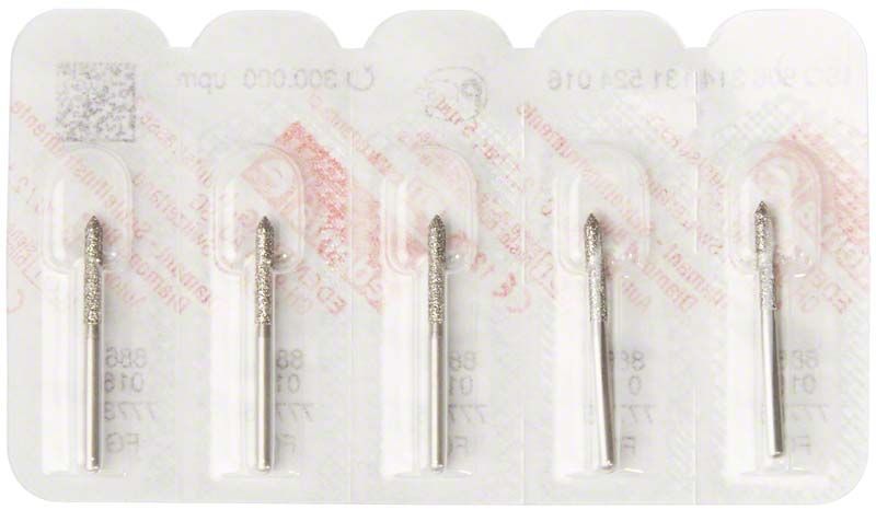 Zahnbohrer Diamant FG 886 016 in Blisterverpackung mit vier Bohrern.