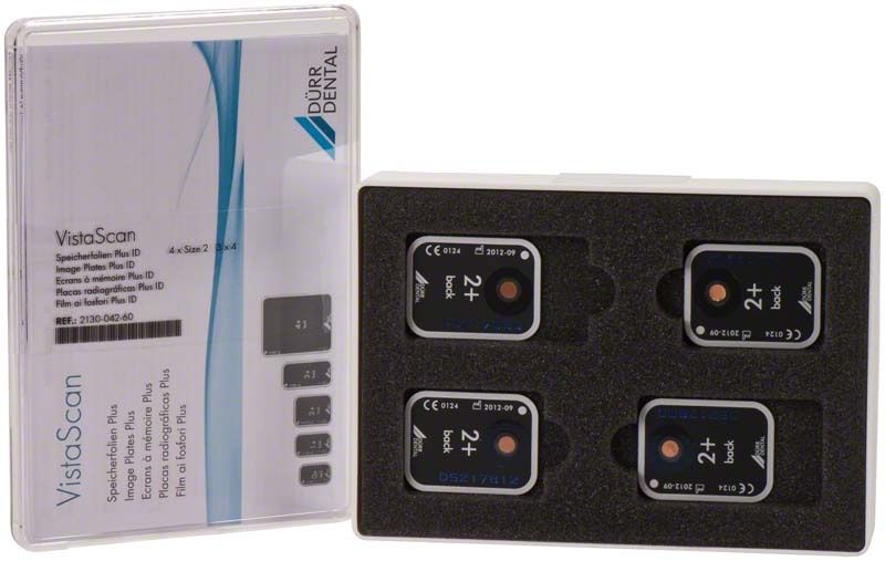 VistaScan Speicherfolien Plus ID Gr. 2 in schwarzer Schaumstoffverpackung.