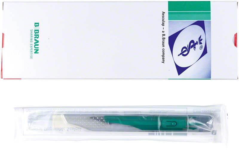 Sicherheitsskalpell in Originalverpackung von Aesculap mit grünem Griff.
