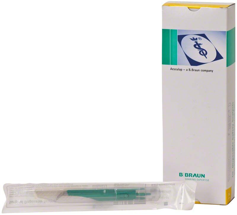 Aesculap Sicherheitsskalpell mit Verpackung auf weißem Hintergrund.