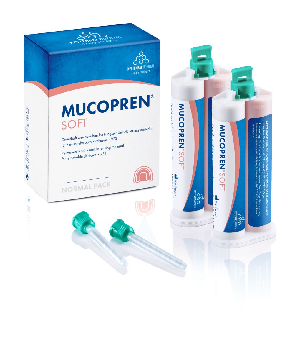Mucopren Soft Kartuschen 2x50ml mit Verpackung und Applikationsspitzen.