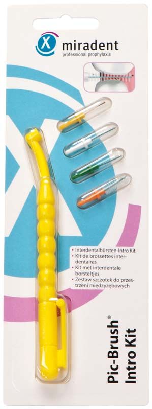Interdentalbürstenhalter Pic-Brush® Intro Kit gelb mit vier Ersatzbürsten in Blisterverpackung.