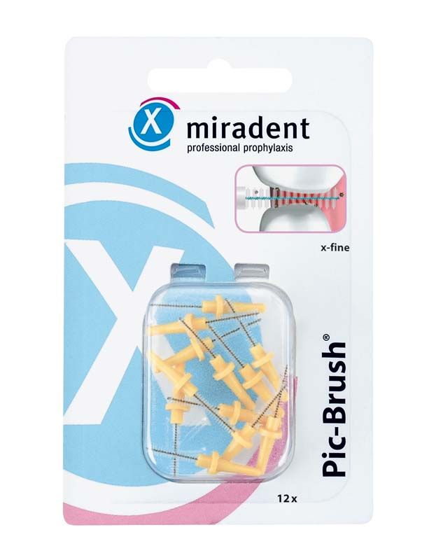 Verpackung der Pic-Brush® Ersatzbürsten 12er gelb x-fine mit Bürstendetails.