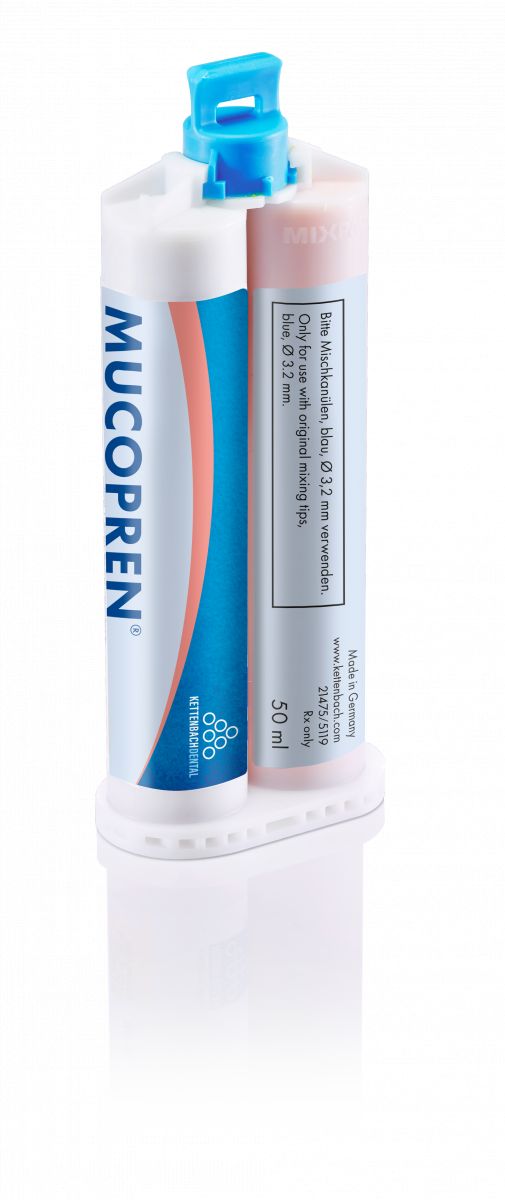 Mucopren Versiegelungssilikon Kartusche mit blauem und weißem Etikett.