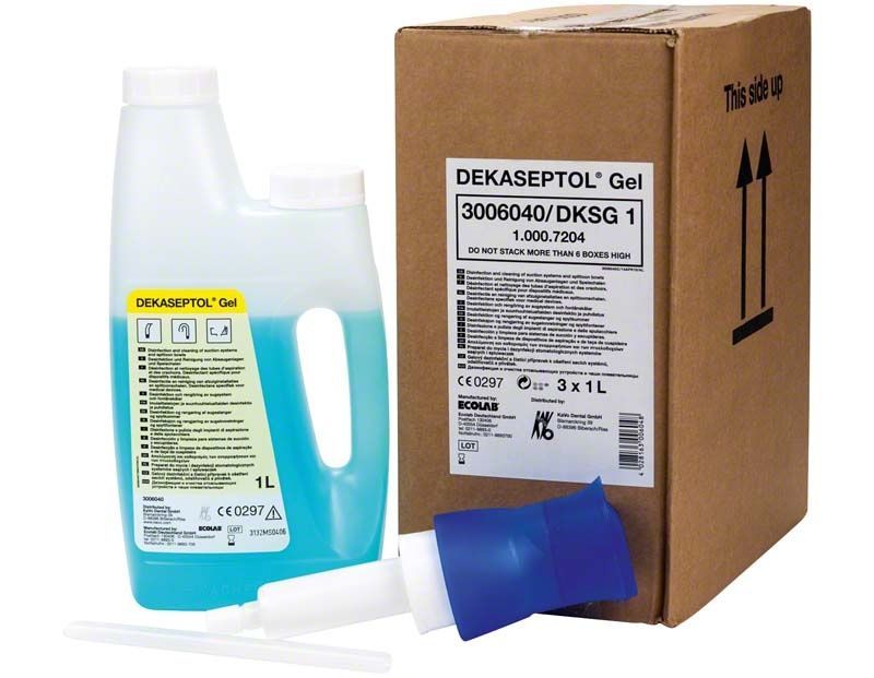 DEKASEPTOL Gel Basisset mit Flasche, Karton und Dosierpumpe.