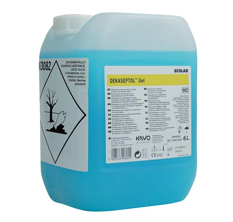 DEKASEPTOL Gel Kanister mit Etikett und Warnhinweisen, 6 Liter, blau.
