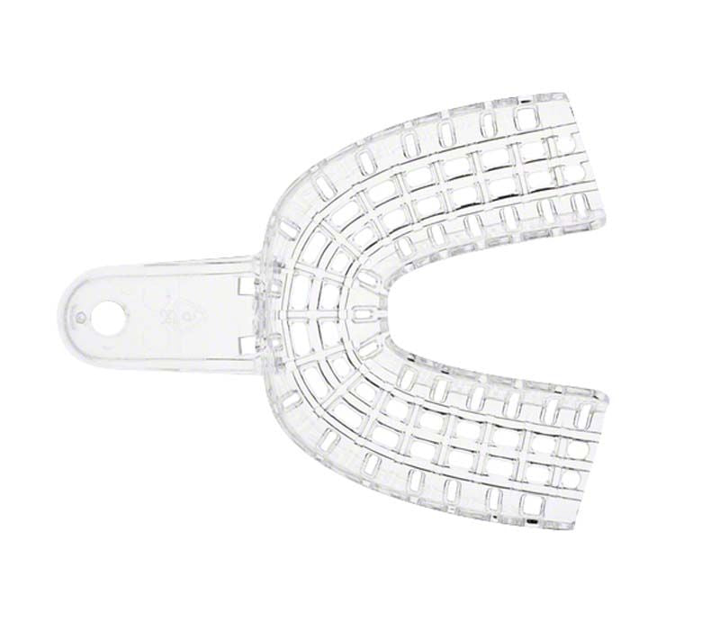 Einweg-Abdrucklöffel aus klarem Kunststoff mit Verstrebungen für Zahnprothetik.