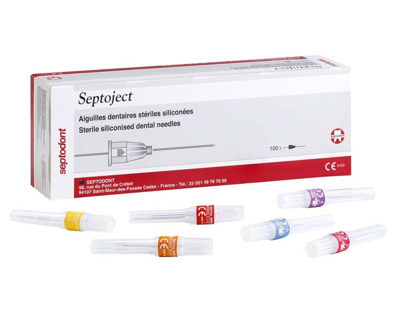 Septoject Einmalkanülen in verschiedenen Farben vor der Produktverpackung.