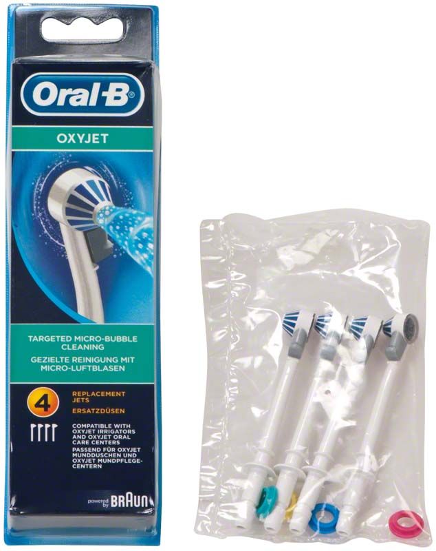 Oral-B OXYJET Ersatzdüsen 4 Stück in Verpackung mit Blisterpackung.