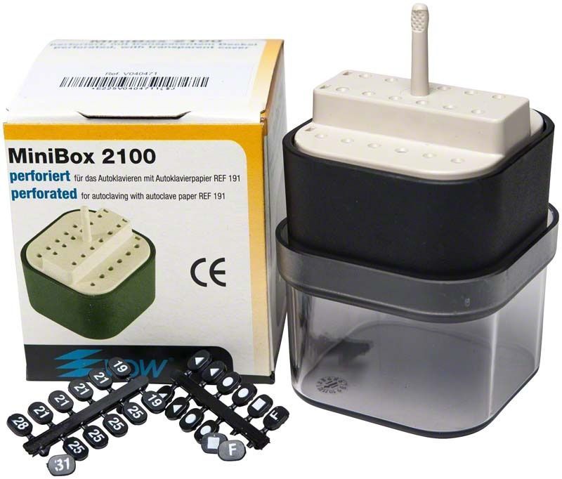 MiniBox 2100, perforierte Box mit Deckel und Stufenmodul für Endo-Instrumente.