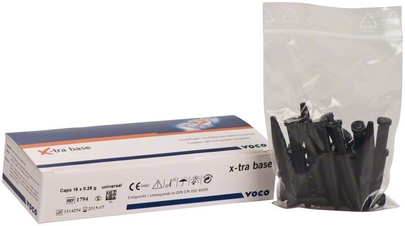 X-tra base Caps universal 16x0,25g von VOCO mit Verpackung und Beutelinhalten.