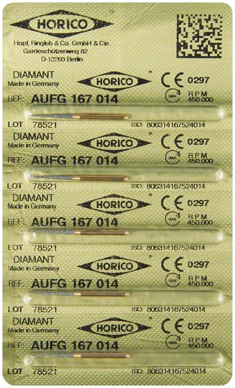 Verpackung mit sechs Löwenschleifer AuFG 167 014 Diamant-Instrumenten.