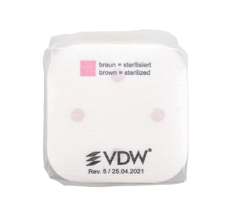 Autoklavierpapier für Mini-Box 2100 mit Sterilisationsindikator und VDW-Logo.
