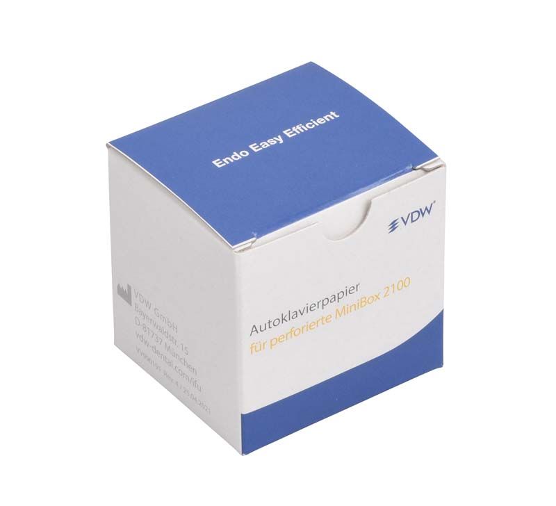 Autoklavierpapierverpackung für Mini-Box 2100 mit VDW-Logo und blauem Design.