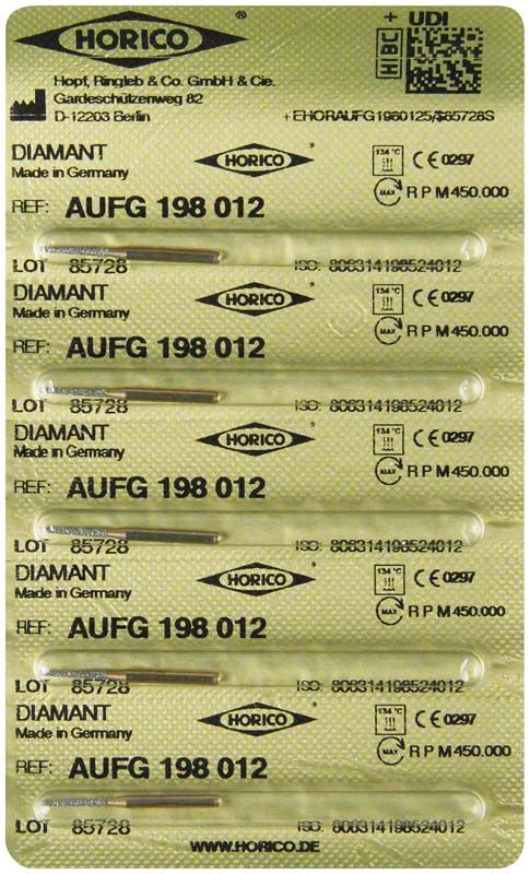 Blisterpackung mit fünf Löwenschleifer AuFG 198 012 Diamant-Instrumenten.