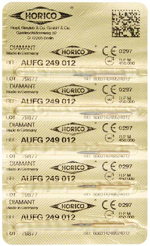 Zahnärztlicher Diamantschleifer AuFG 249 012 in Blisterverpackung von Horico.