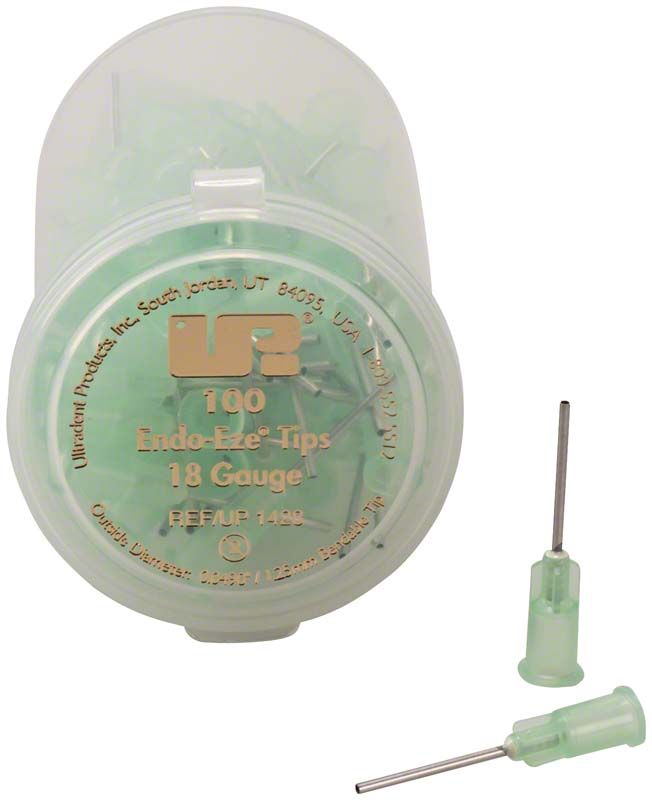 Endodontische Spülkanülen Endo-Eze Tips 18G in grüner Verpackung.