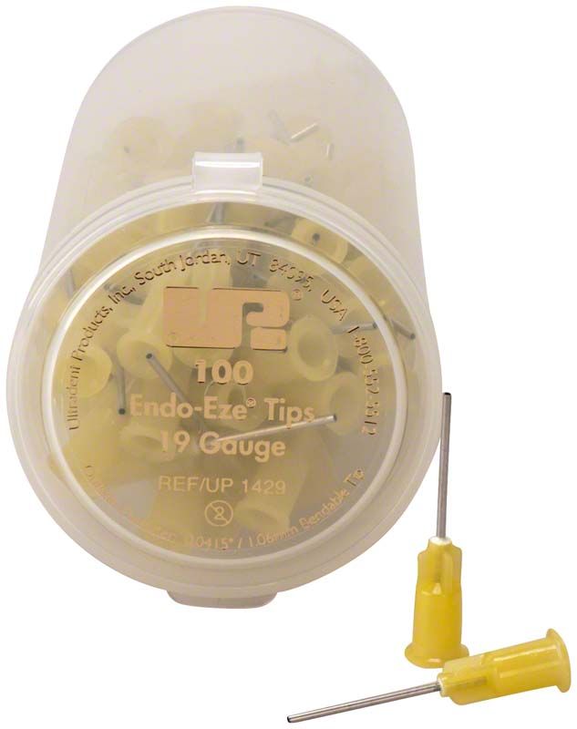 Endo-Eze Tips 19G Kanülen in transparenter Verpackung mit gelben Spitzen.