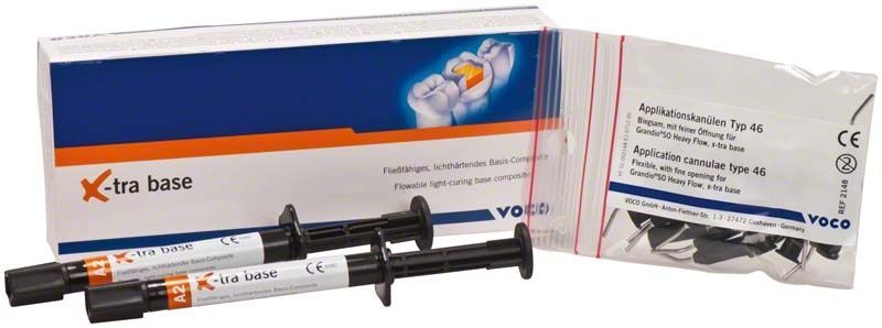 X-tra base Spritzen A2 2x2g mit Verpackung und Applikationskanülen.