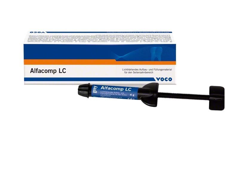 Alfacomp LC Spritze und Verpackung von Voco für zahnmedizinische Restaurationen.