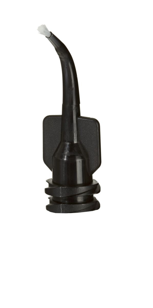 Schwarze Mini-Bürstenspitze mit gebogenem 1mm Kunststoffansatz für Dentalanwendungen.