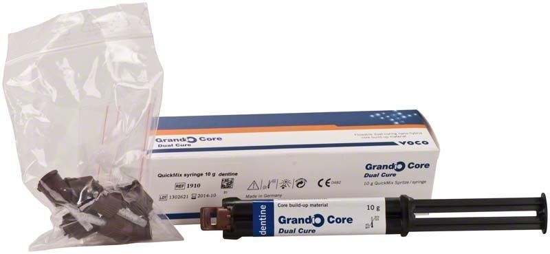 Grandio® Core Dual Cure Spritze und Verpackung mit Zubehör.
