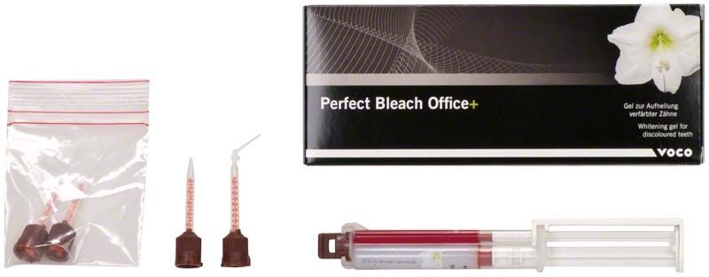 Perfect Bleach Office+ Set mit Spritze, Gingivaschutz und Verpackung.