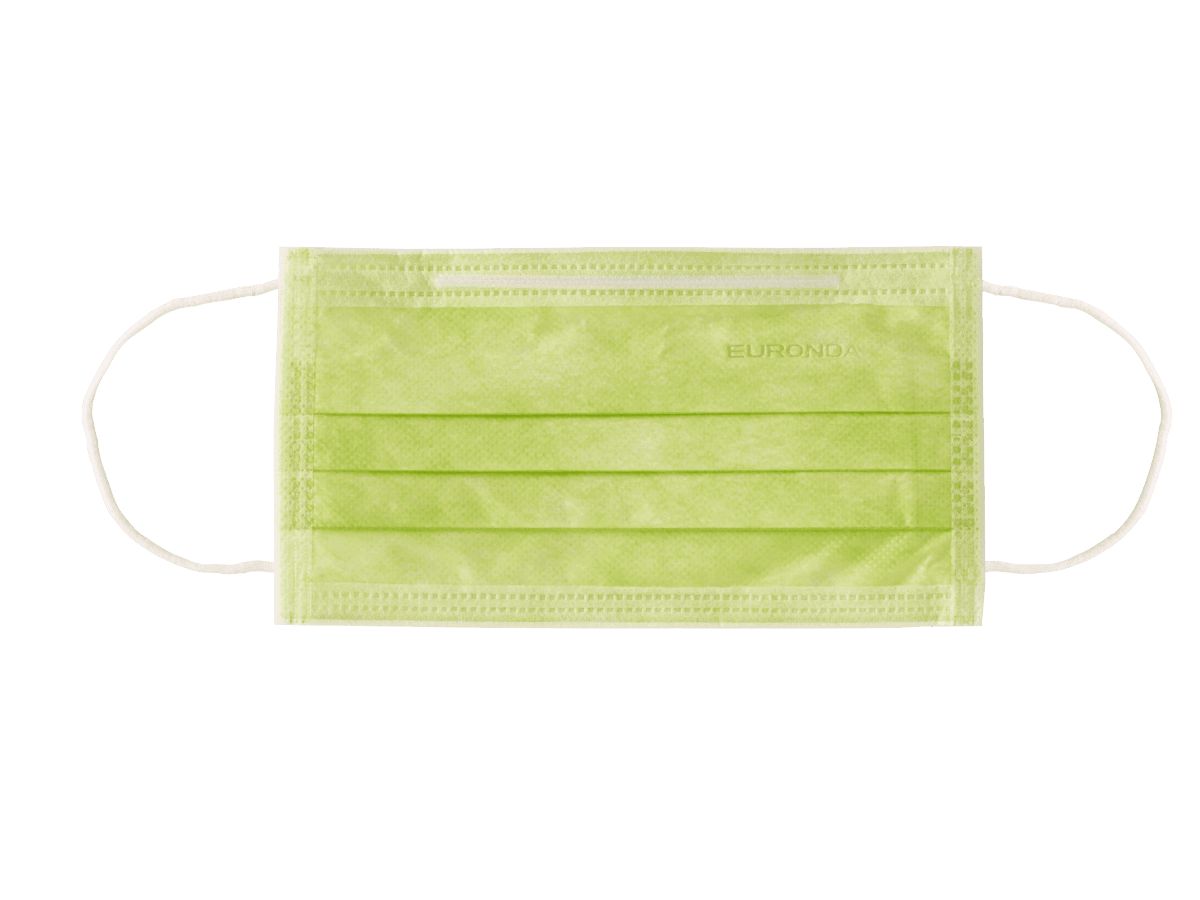 3-lagiger grüner Mundschutz mit Gummizug und Nasenbügel.