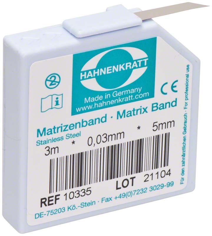 Matrizenband aus Edelstahl, 3m Länge, 0,03mm Stärke, 5mm Breite, in Spenderbox.