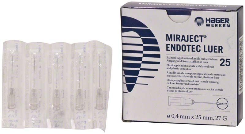 Miraject Endotec Luer 27G Kanüle mit Verpackung und Einzelblister.