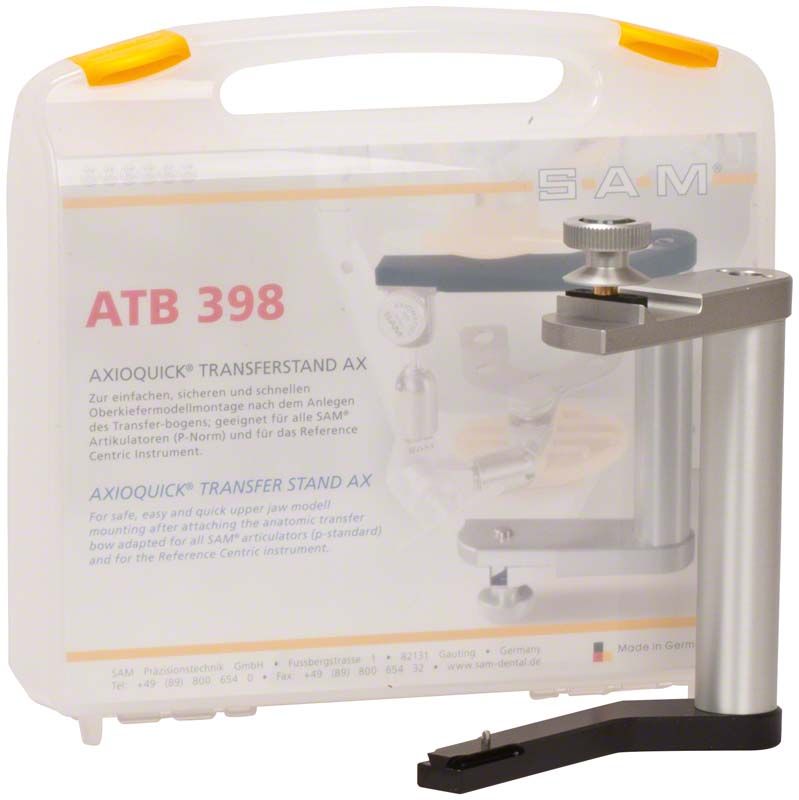 Transferstand AX für Oberkiefer-Modellmontage vor transparentem Kunststoffkoffer.
