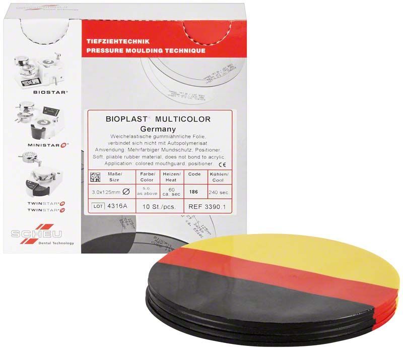 Verpackung und runde Platten des BIOPLAST® Multicolor Germany in Schwarz, Rot, Gelb.